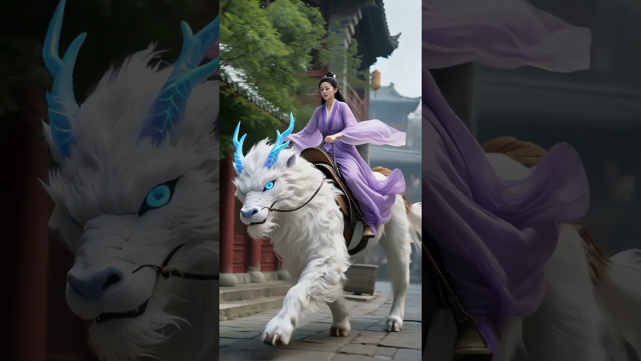 A beautiful woman rides a mythical beast and runs wildly all the way.